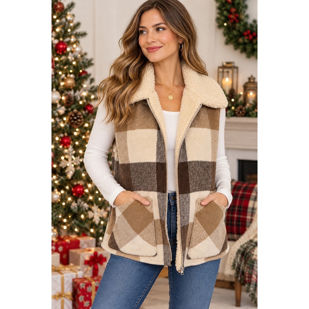 Sanctuary Plaid Vest Size S Cabincore Faux Shearling Lined Zip Front Brown Beige